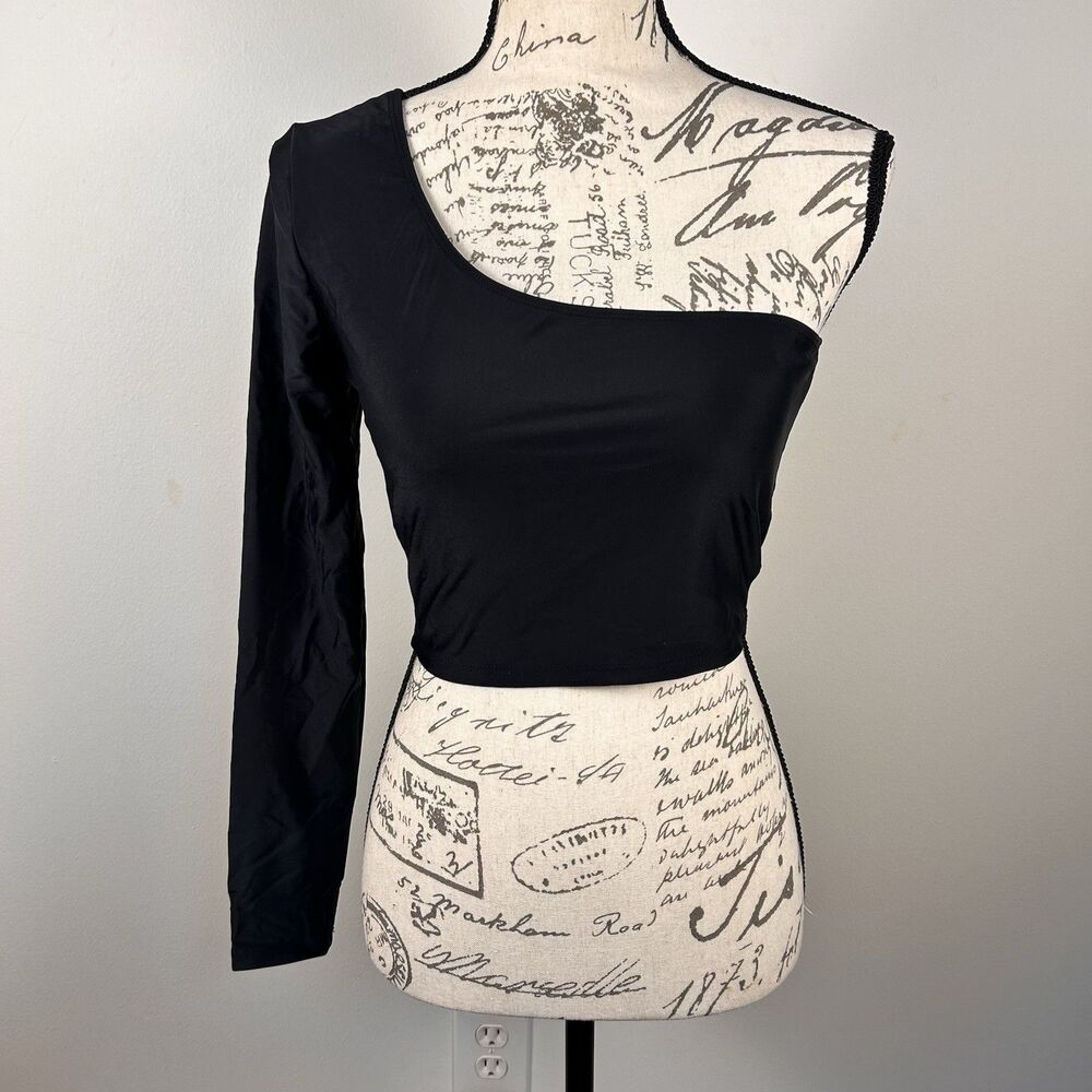 SHEIN One Shoulder Mesh Crop Top Black Long Sleeve Y2K Clubwear S